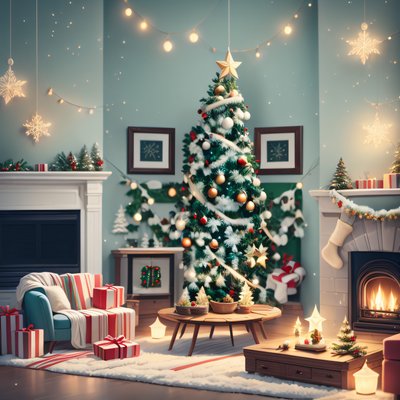 Christmas Living Room Digital Painting Christmas Tree QR Code for Greeting Cards