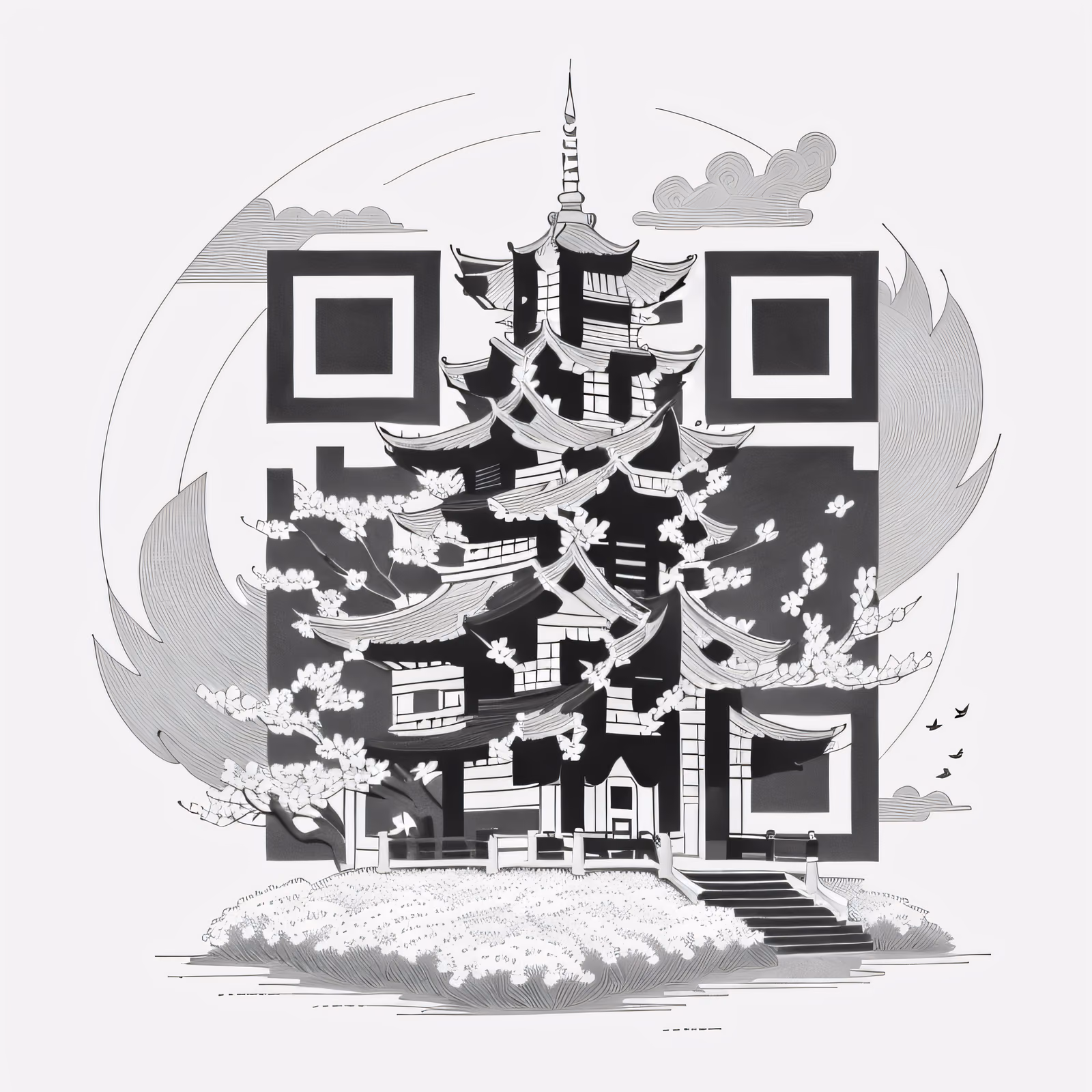 宝塔樱花水墨线描二维码艺术 — 图片 1