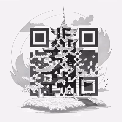 宝塔樱花水墨线描二维码艺术 — 图片 1