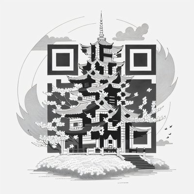 Pagoda Cherry Blossom Ink Drawing QR Code Art