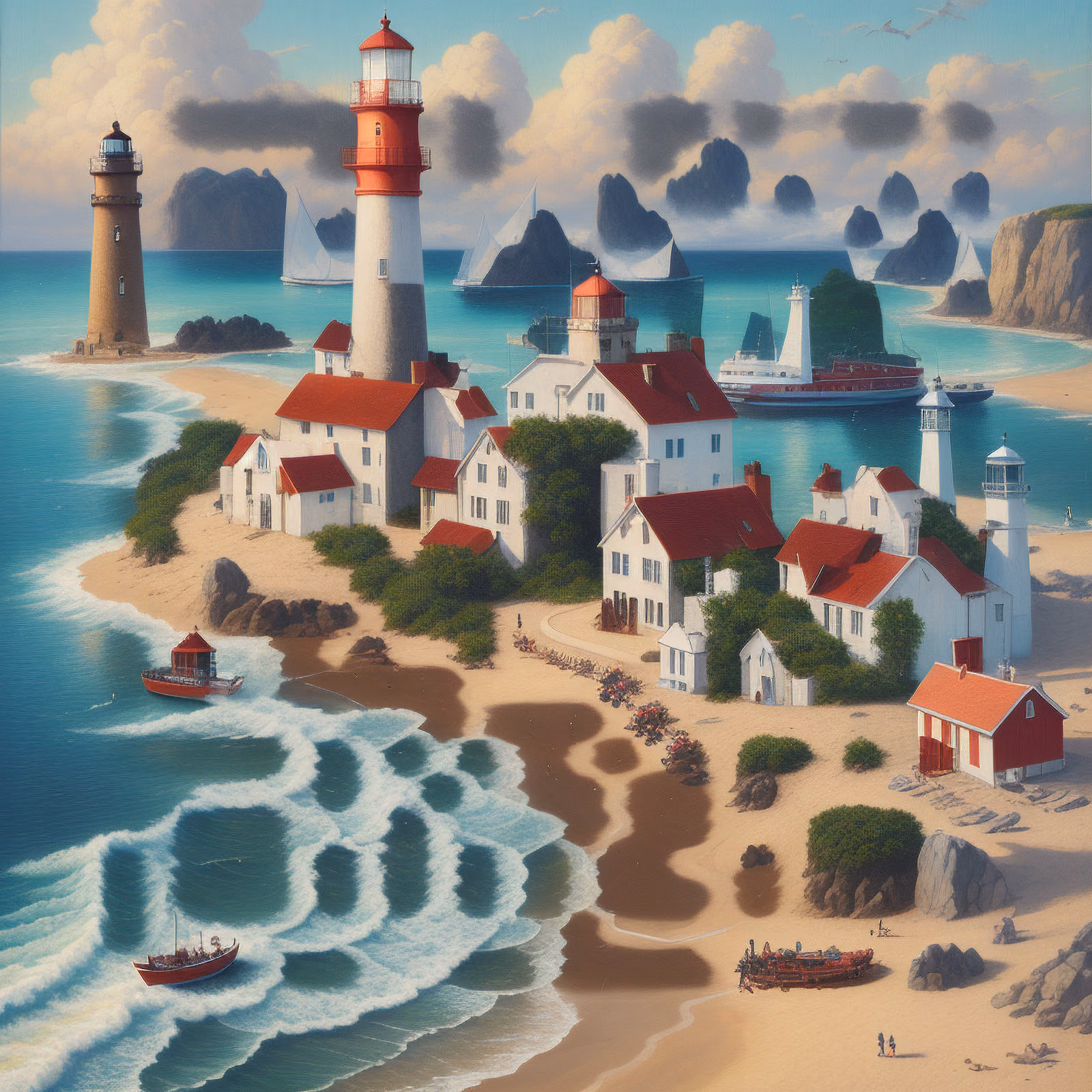 Lighthouse Coastal Village Painting QR Code Art — image 1