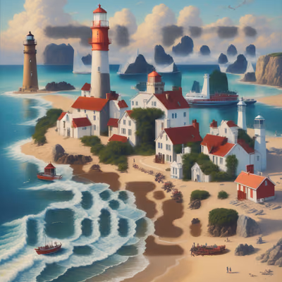 Lighthouse Coastal Village Painting QR Code Art — image 1