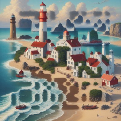 Lighthouse Coastal Village Painting QR Code Art