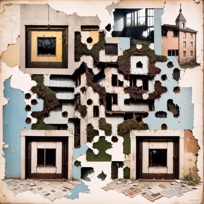 Abandoned Buildings Torn Paper Collage QR Code Art — image 1
