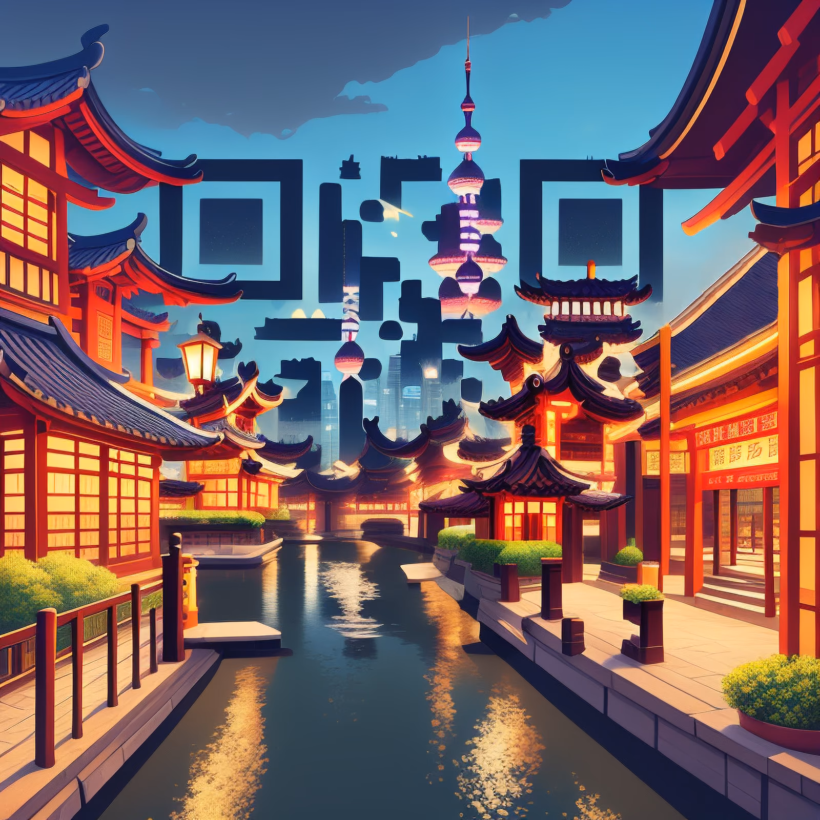 Пагода на берегу реки в Шанхае, векторный QR-код для плакатов — изображение 1