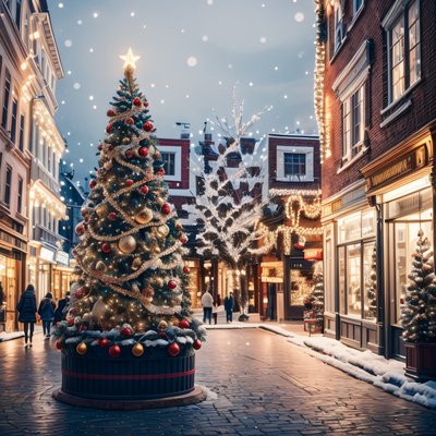 Christmas Tree City Street Photorealistic QR Code for Greeting Cards