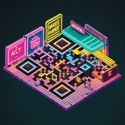 Isometric Cyberpunk Night Market QR Code for Posters