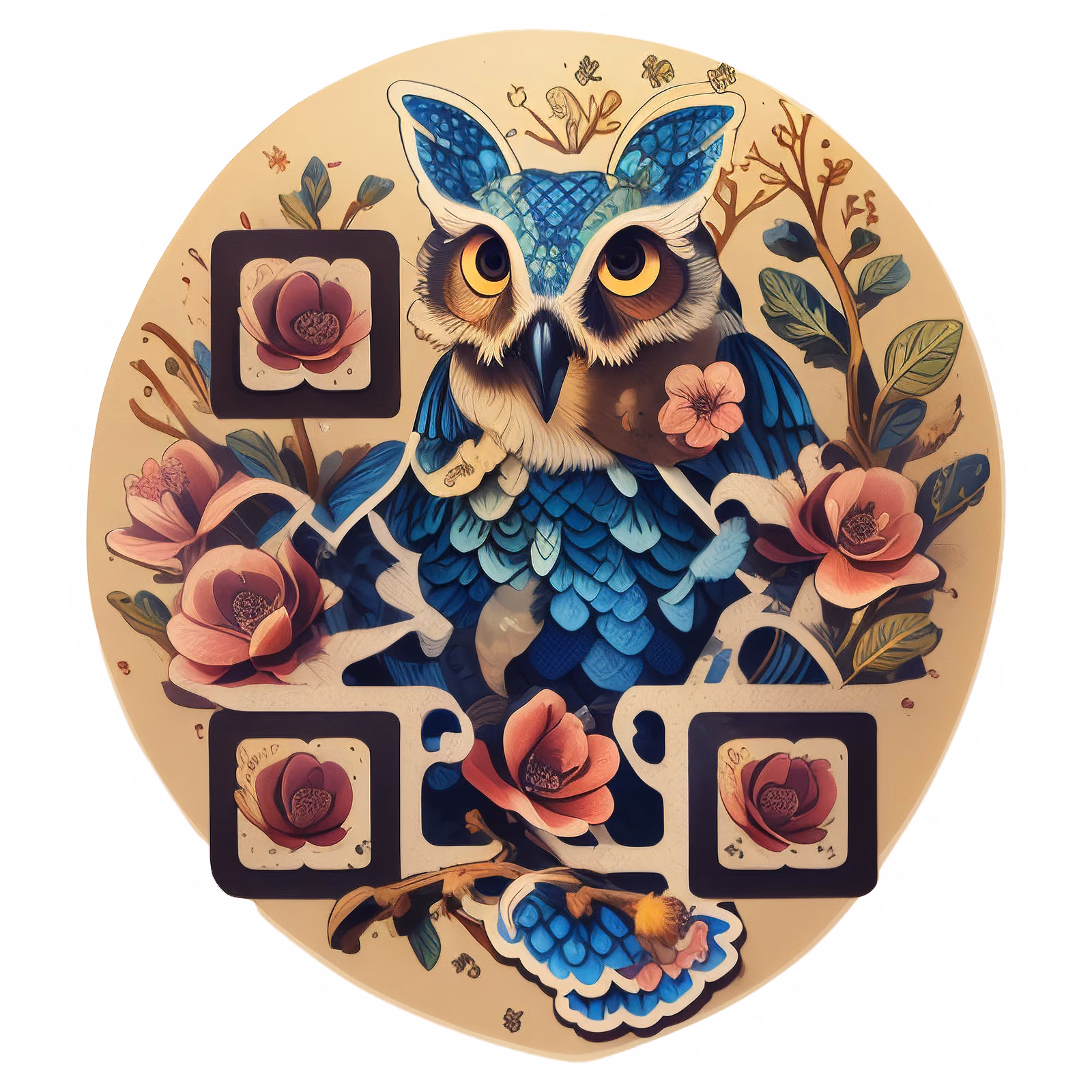Blue Owl Floral Vector QR Code for Stickers — image 1