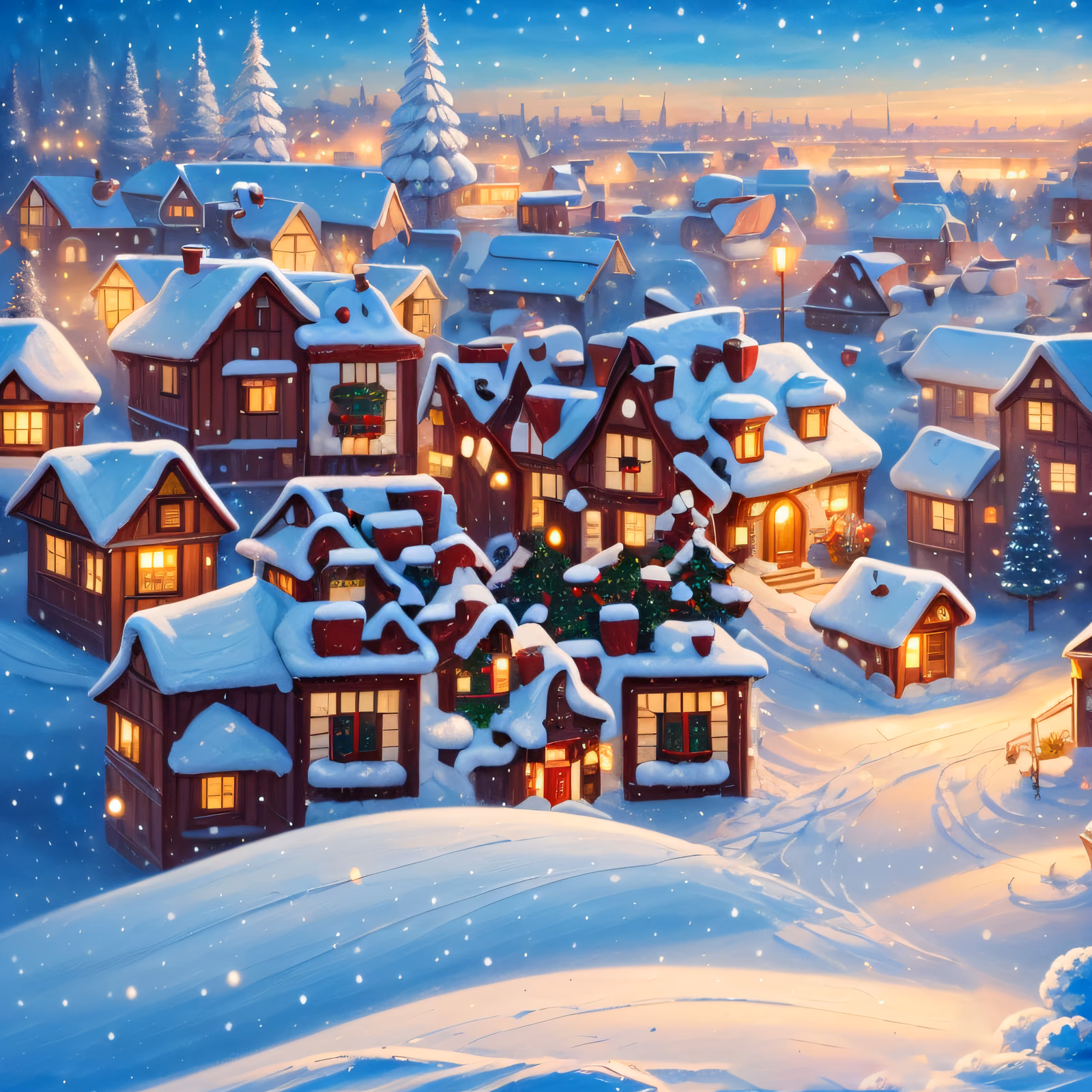 Snowy Christmas Village Painting Digital Painting QR Code for Greeting Cards — image 1