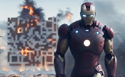 Armored Hero Burning Building Cinematic QR Code for Posters — image 1