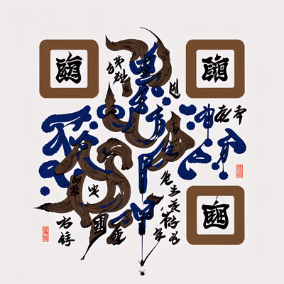 Blue Ink Brush Calligraphy QR Code Art — image 1