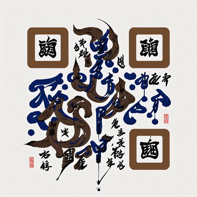Blue Ink Brush Calligraphy QR Code Art