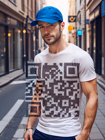 Мужчина в футболке с принтом: фотореалистичный QR-код для одежды — изображение 1