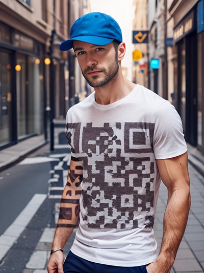 Man in Printed Tee Photorealistic QR Code for Apparel