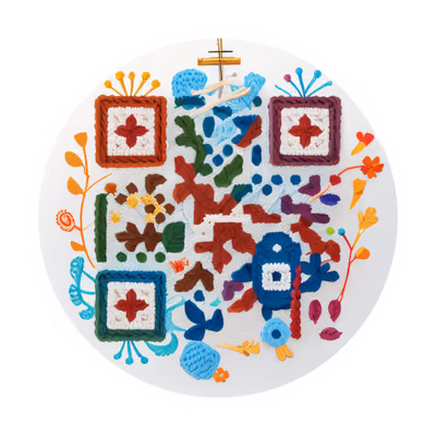 Вязаные бабушкины квадраты и пряжа, QR-код для стикеров — изображение 1