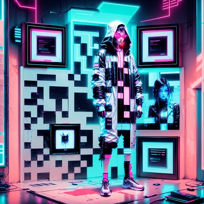Techwear Model Cyberpunk Neon QR Code for Posters