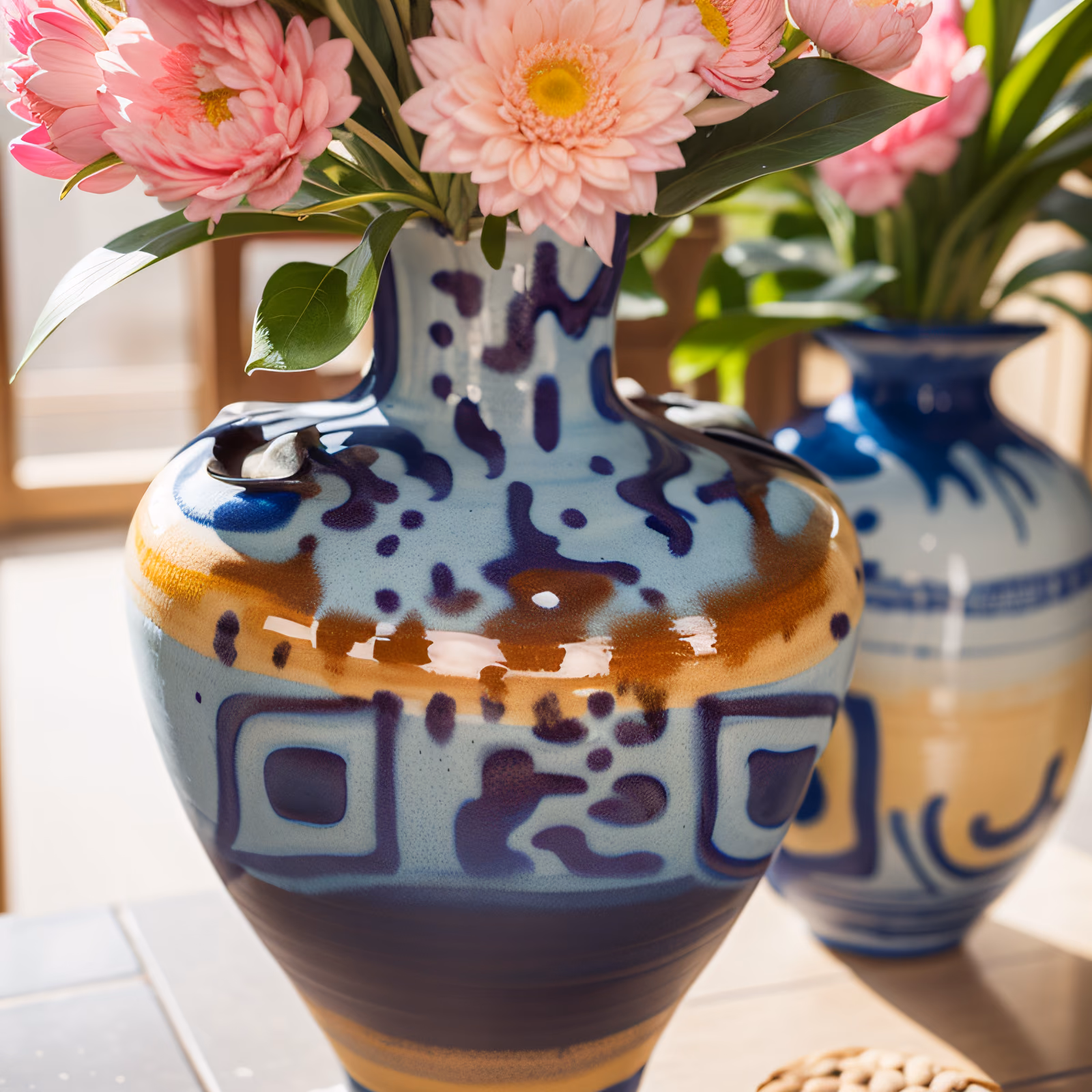 Glazed Ceramic Vase Pink Flowers QR Code Art — image 1