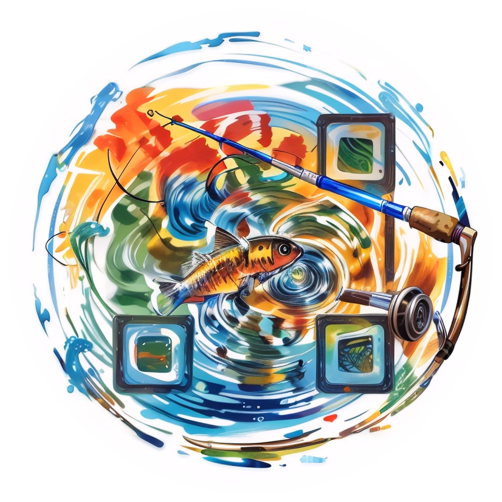 Fishing Rod and Fish Painterly QR Code for Stickers — image 1