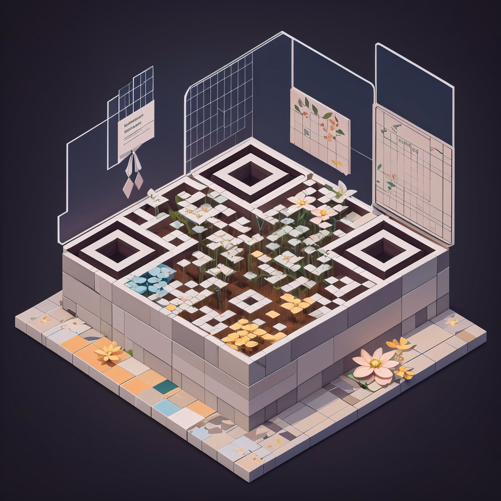 Isometric Flower Shop Planter QR Code for Storefront Displays — image 1