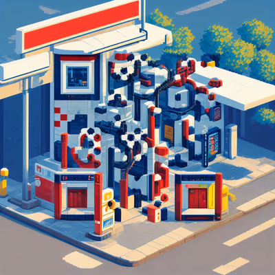 Isometric Gas Station Pixel Art QR Code for Posters — image 1