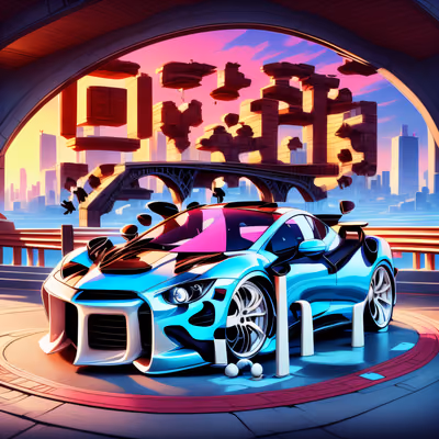 蓝色跑车卡通桥景二维码艺术海报 — 图片 1