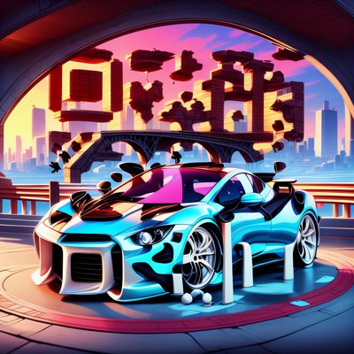 Blue Sports Car Cartoon Bridge QR Code for Posters