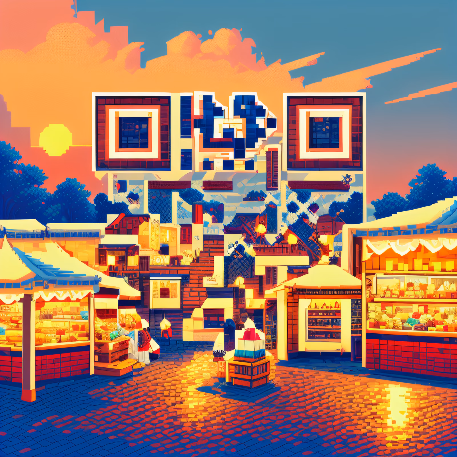 Pixel Art Sunset Street Market QR Code for Posters — image 1