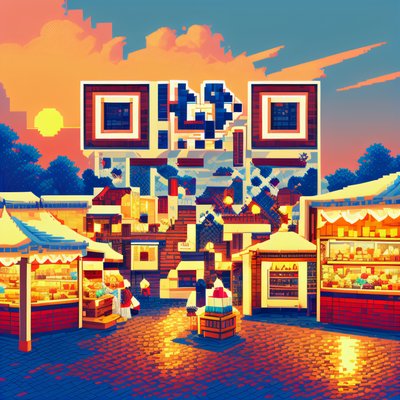 Pixel Art Sunset Street Market QR Code for Posters