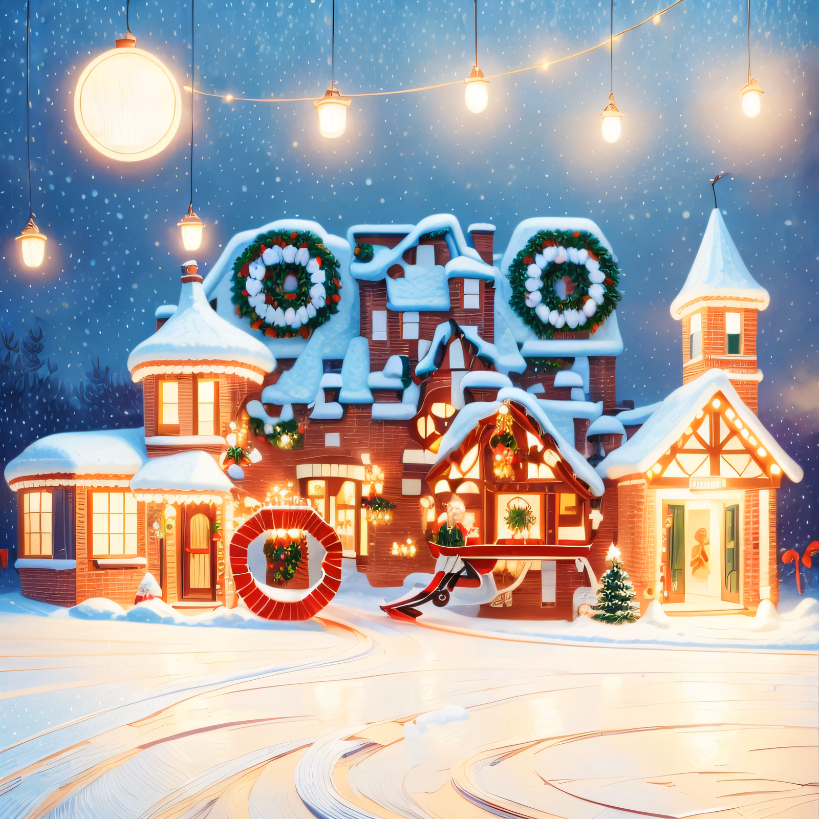 Snowy Christmas Village Digital Painting Wreaths QR Code for Greeting Cards — image 1
