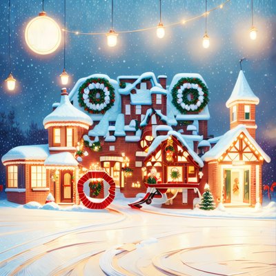 Snowy Christmas Village Digital Painting Wreaths QR Code for Greeting Cards