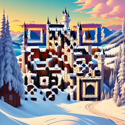 Snowy Alpine Castle Digital Illustration QR Code Art — image 1