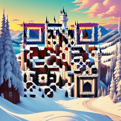 Snowy Alpine Castle Digital Illustration QR Code Art