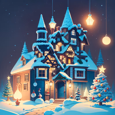 雪中圣诞小屋数字绘景夜景二维码艺术,适用于贺卡 — 图片 1