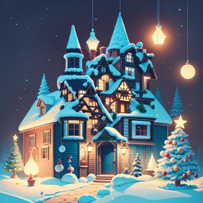雪中圣诞小屋数字绘景夜景二维码艺术,适用于贺卡