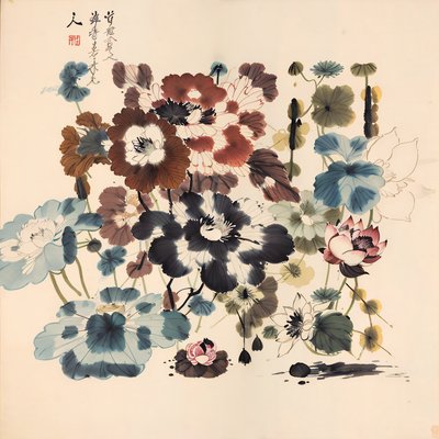 Lotus and Peony Ink Wash QR Code Art