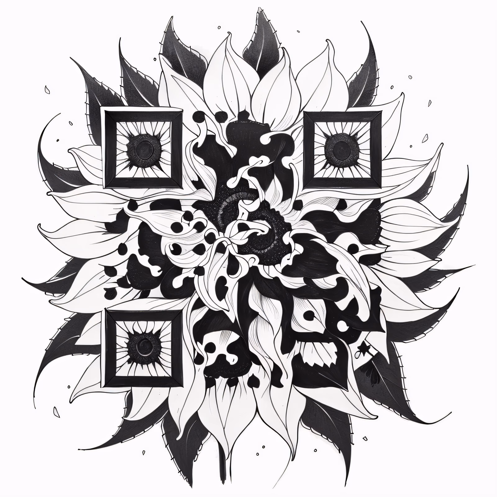 Подсолнух, цветы в стиле чернильной тату: QR-код для временных татуировок — изображение 1