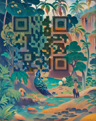 Jungle Peacock Naive Painting QR Code Art