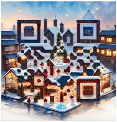 Snowy Christmas Market Village Painting QR Code for Greeting Cards