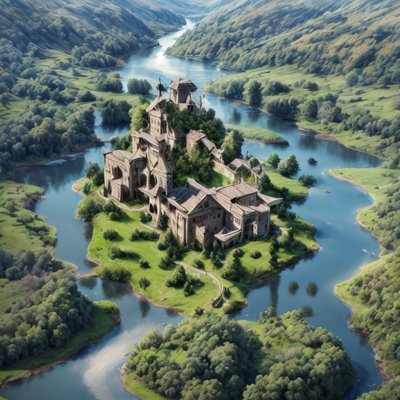 Aerial Castle River Valley Photorealistic QR Code Art