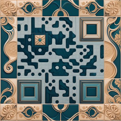 Teal Baroque Scroll Tile QR Code Art