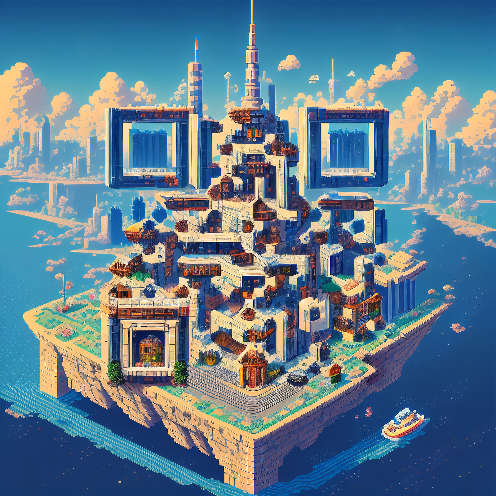 Pixel Art Futuristic Island City QR Code for Posters — image 1