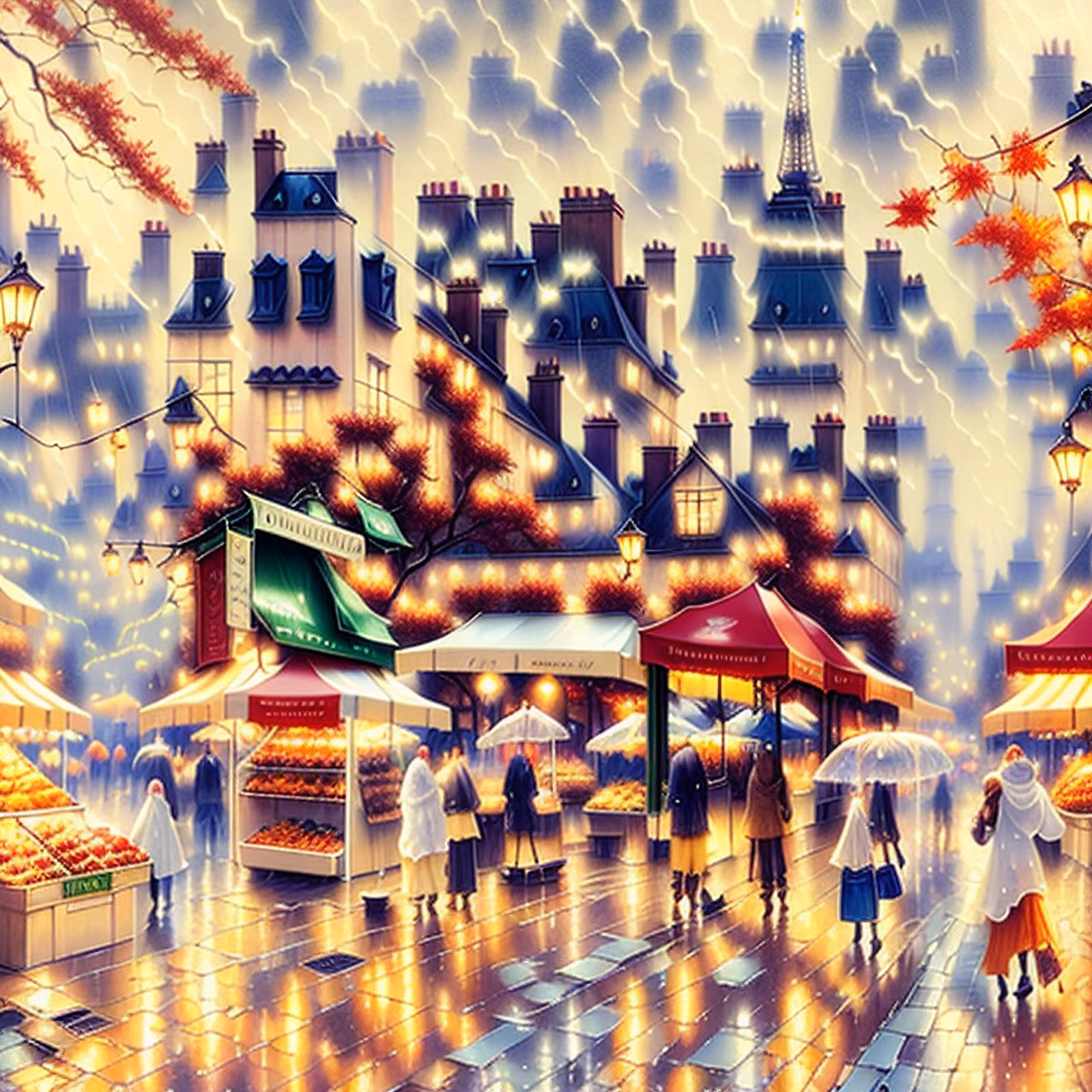 Rainy Paris Market Street Painting QR Code Art — image 1
