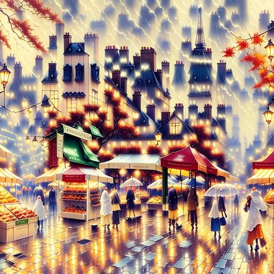 Rainy Paris Market Street Painting QR Code Art