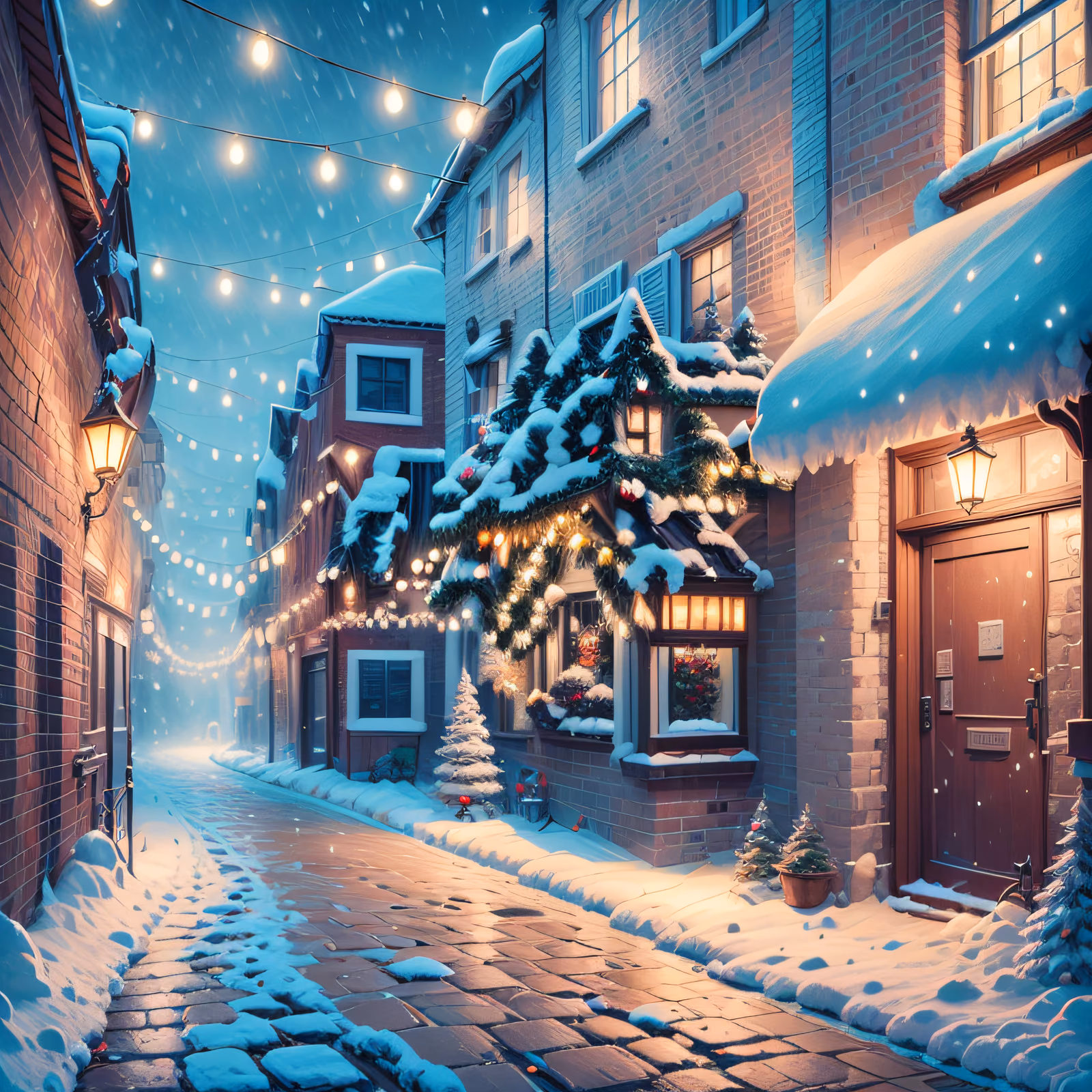 Snowy Christmas Street Digital Painting Wreaths QR Code for Greeting Cards — image 1