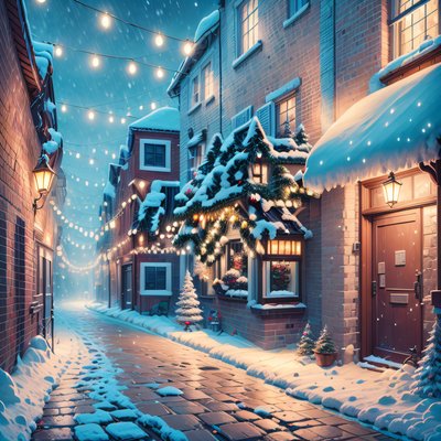 Snowy Christmas Street Digital Painting Wreaths QR Code for Greeting Cards