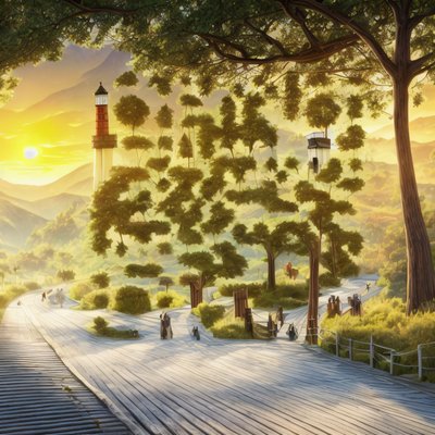 Boardwalk Lighthouse Sunset Landscape QR Code Art