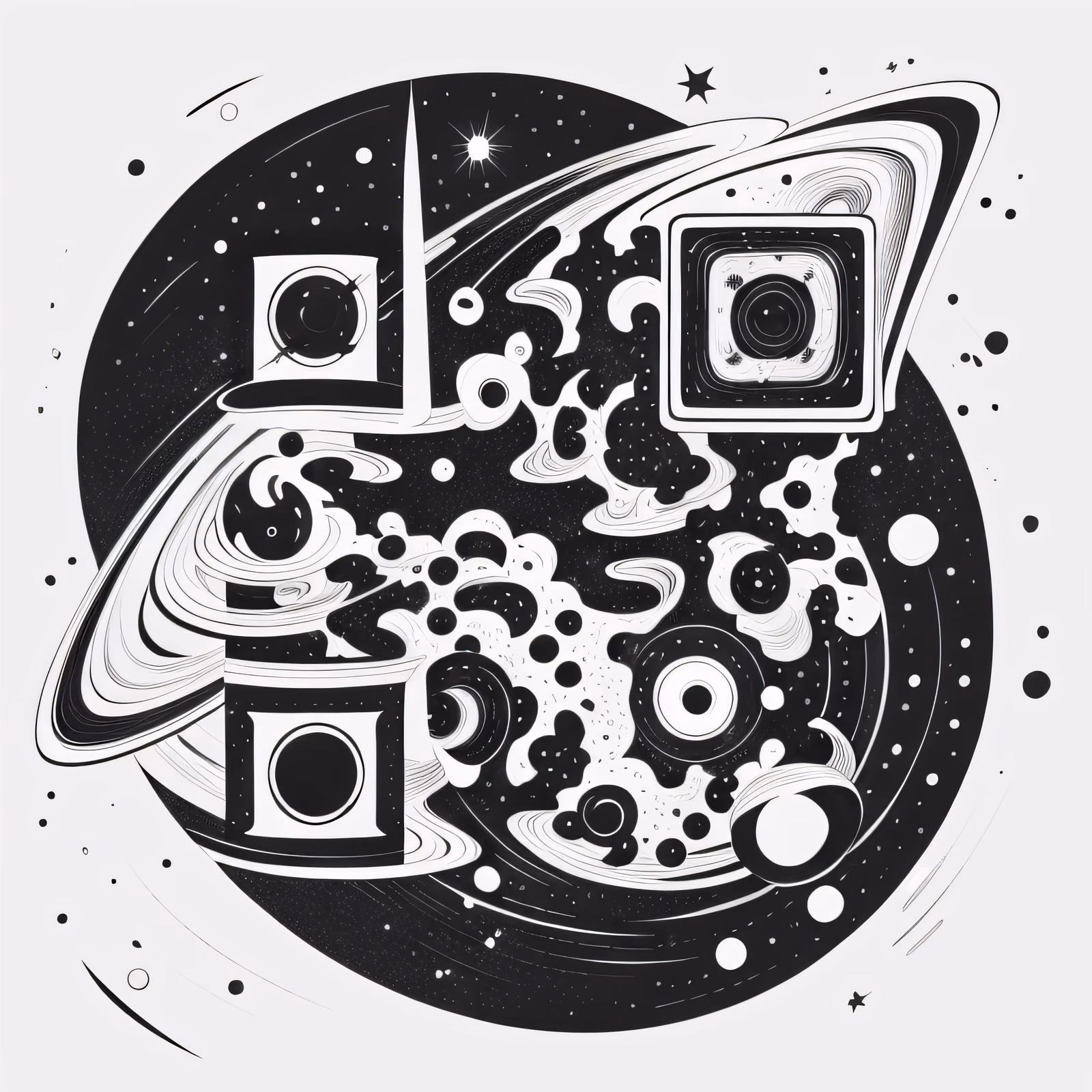 Ringed Planet Cosmic Line Art QR Code for Temporary Tattoos — image 1