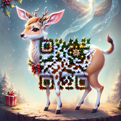 Christmas Fawn Fantasy Painting QR Code for Greeting Cards