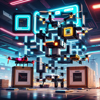 Parcel Delivery Drones Retrofuturism QR Code for Posters