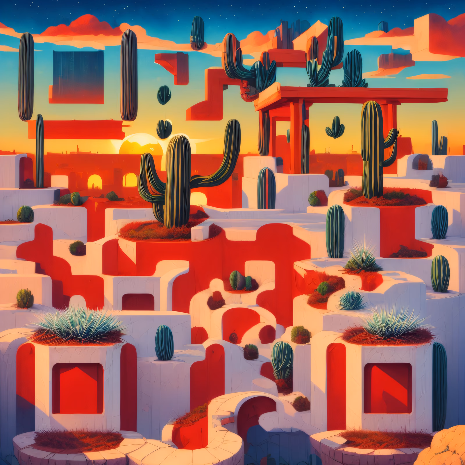 Surreal Desert Cactus Village QR Code Art — image 1